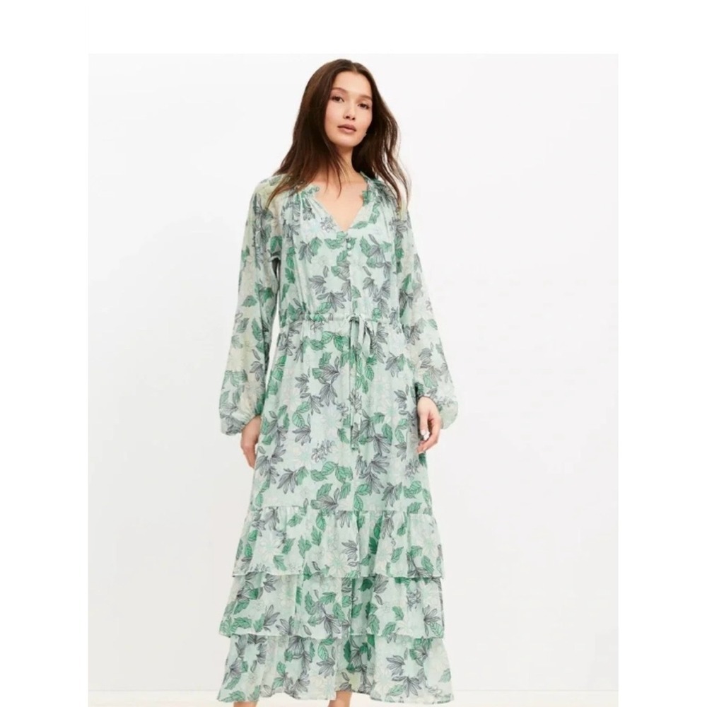 LOFT Floral Long Sleeve Tiered Maxi Dress Peace Blue Flowers Flowy Feminine Boho